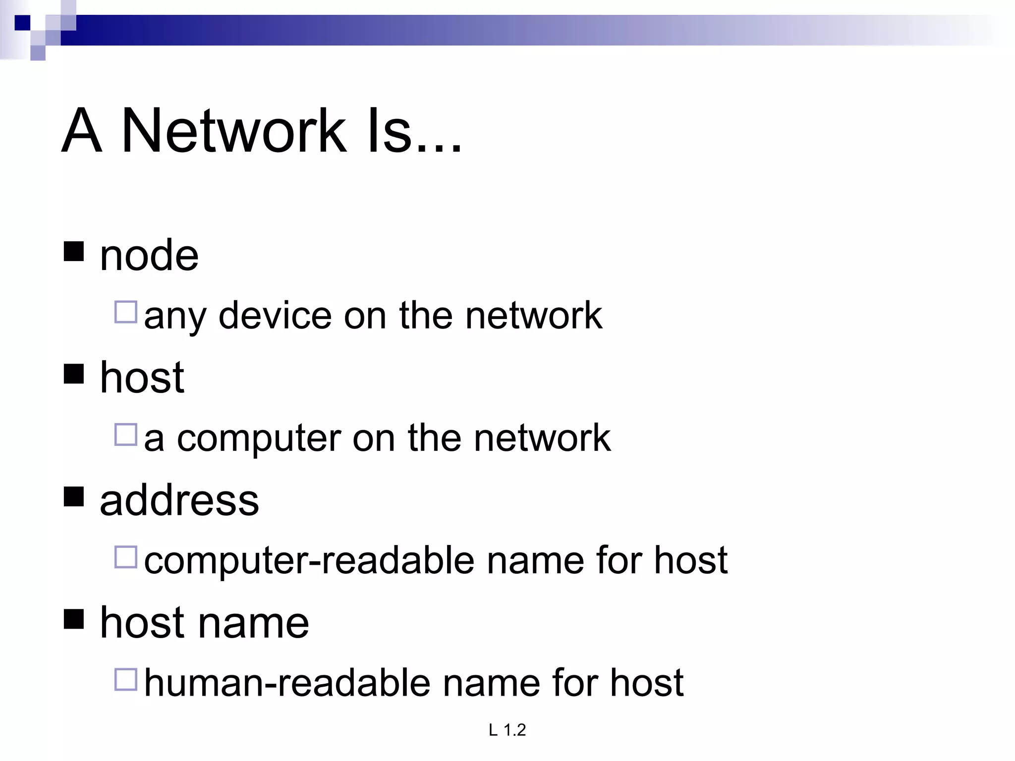 A Network Is... node any device on the network host a computer on the network address computer-readable name for host host name human-readable name for host 
