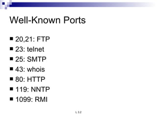 Well-Known Ports 20,21: FTP 23: telnet 25: SMTP 43: whois 80: HTTP 119: NNTP 1099: RMI 
