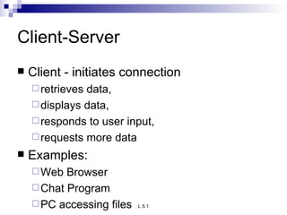 Client-Server Client - initiates connection retrieves data,  displays data,  responds to user input,  requests more data Examples: Web Browser Chat Program PC accessing files 