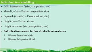 • DBH increment = f (size, competition, site)
• Mortality (%) = F (size, competition, site)
• Ingrowth (trees/ha) = F (competition, site)
• Height (m) = F (size, site) or
• Height increment (size, competition, site)
• Individual tree models further divided into two classes:
i. Distance Dependent Model
ii. Distance Independent Model
Individual tree modelling......
 