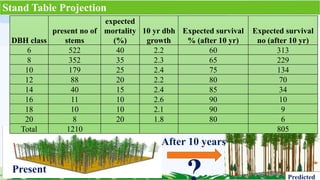 Stand Table Projection
After 10 years
Present
Predicted
DBH class
present no of
stems
expected
mortality
(%)
10 yr dbh
growth
Expected survival
% (after 10 yr)
Expected survival
no (after 10 yr)
6 522 40 2.2 60 313
8 352 35 2.3 65 229
10 179 25 2.4 75 134
12 88 20 2.2 80 70
14 40 15 2.4 85 34
16 11 10 2.6 90 10
18 10 10 2.1 90 9
20 8 20 1.8 80 6
Total 1210 805
 