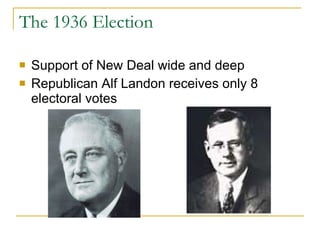 The 1936 Election Support of New Deal wide and deep Republican Alf Landon receives only 8 electoral votes 