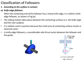 Classification of Followers
1. According to the surface in contact.
a) Knife edge follower.
When the contacting end of the follower has a sharp knife edge, it is called a knife
edge follower, as shown in Fig.(a).
• The sliding motion takes place between the contacting surfaces (i.e. the knife edge
and the cam surface).
• It is seldom used in practice because the small area of contacting surface results in
excessive wear.
• In knife edge followers, a considerable side thrust exists between the follower and
the guide.

 