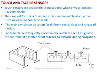 TOUCH AND TACTILE SENSORS
• Touch sensors are devices that send a signal when physical contact
has been made.
• The simplest form of a touch sensor is a micro switch which either
turns on or off as contact is made.
• The main switch can be set up for different sensitivities and ranges of
motion.
• For example, a strategically placed micro switch can send a signal to
the controller if a mobile robot reaches an obstacle during navigation.
4/5/2014 Hareesha N G, Asst. Prof, DSCE, BLore-78 24
 