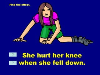 Find  the effect. She hurt her knee when she fell down. 