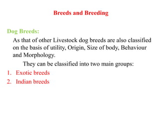 Breeds and Breeding
Dog Breeds:
As that of other Livestock dog breeds are also classified
on the basis of utility, Origin, Size of body, Behaviour
and Morphology.
They can be classified into two main groups:
1. Exotic breeds
2. Indian breeds
 