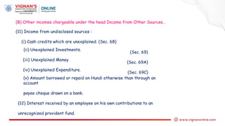 (B) Other incomes chargeable under the head Income from Other Sources…
(11) Income from undisclosed sources :
(i) Cash credits which are unexplained. (Sec. 68)
(ii) Unexplained Investments.
(iii) Unexplained Money.
(iv) Unexplained Expenditure.
(Sec. 69)
(Sec. 69A)
(Sec. 69C)
(v) Amount borrowed or repaid on Hundi otherwise than through an
account
payee cheque drawn on a bank.
(12) Interest received by an employee on his own contributions to an
unrecognized provident fund.
 