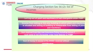 Charging Section Sec 56 (2)- list of
incomes
Letting out of plant and machinery (if not chargeable under PGBP
Income from letting or hire any building in which plant and machinery
is situated and letting of building is inseparable from letting of plant
and machinery
Sum received from Key man Insurance Policy including bonus if
•such some is not chargeable under head Salaries or PGBP
Sum of money in excess of Rs.50000/- received without
consideration .
(Gifts)
 