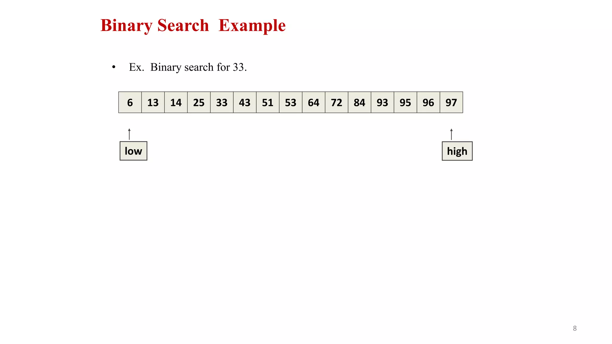 8
Binary Search Example
• Ex. Binary search for 33.
641413 25 33 5143 53 8472 93 95 97966
low high
 
