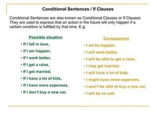 Conditional Sentences / If Clauses Conditional Sentences are also known as Conditional Clauses or If Clauses. They are used to express that an action in the future will only happen if a certain condition is fulfilled by that time. E.g. Possible situation If I fall in love,  if I am happier,  If I work better,  If I get a raise,  If I get married, If I have a lot of kids, If I have more expenses, If I don’t buy a new car, Consequence I wil be happier.  I will work better. I will be able to get a raise. I may get married. I will have a lot of kids. I might have more expenses. I won’t be able to buy a new car. I will be so sad. 