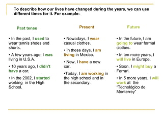 To describe how our lives have changed during the years, we can use different times for it. For example: Past tense In the past, I  used  to wear tennis shoes and shorts. A few years ago, I  was  living in U.S.A. 10 years ago, I  didn’t have  a car. In the 2002, I  started  working  in the High School. Present  Nowadays, I  wear  casual clothes. In these days, I  am living  in Mexico. Now, I  have  a new car. Today, I  am working  in the high school and in the secondary.  Future In the future, I am  going to  wear formal clothes. In ten more years, I  will live  in Europe. Soon, I  might buy  a Ferrari. In 5 more years, I  will work  at  the “Tecnológico de Monterrey” 