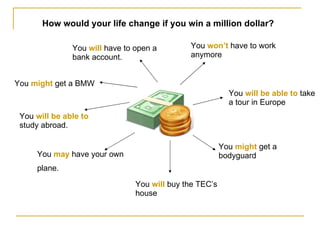 How would your life change if you win a million dollar? You  won’t  have to work anymore You  will be able to  take a tour in Europe You  might  get a bodyguard You  will  buy the TEC’s house You  will   have to open a  bank account. You  might  get a BMW You  will be able to  study abroad. You  may  have your own  plane. 
