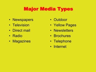 Major Media Types
• Newspapers
• Television
• Direct mail
• Radio
• Magazines
• Outdoor
• Yellow Pages
• Newsletters
• Brochures
• Telephone
• Internet
 