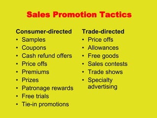 Sales Promotion Tactics
Consumer-directed
• Samples
• Coupons
• Cash refund offers
• Price offs
• Premiums
• Prizes
• Patronage rewards
• Free trials
• Tie-in promotions
Trade-directed
• Price offs
• Allowances
• Free goods
• Sales contests
• Trade shows
• Specialty
advertising
 