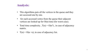 33
Analysis:
• This algorithms puts all the vertices in the queue and they
are accessed one by one.
• for each accessed vertex from the queue their adjacent
vertices are looked up for O(n) time (for worst case).
• Total time complexity , T(n) = O(n2) , in case of adjacency
matrix.
• T(n) = O(n +e), in case of adjacency list.
 