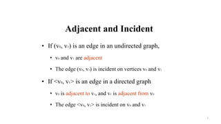 Adjacent and Incident
• If (v0, v1) is an edge in an undirected graph,
• v0 and v1 are adjacent
• The edge (v0, v1) is incident on vertices v0 and v1
• If <v0, v1> is an edge in a directed graph
• v0 is adjacent to v1, and v1 is adjacent from v0
• The edge <v0, v1> is incident on v0 and v1
7
 