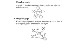 • Complete graph
A graph G is called complete, if every nodes are adjacent
with other node
• Weighted graph
If each edge of graph is assigned a number or value, then it
is weighted graph. The number is weight.
17
 