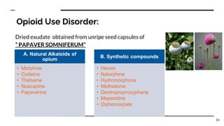 Opioid Use Disorder:
Dried exudate obtained from unripe seed capsules of
“ PAPAVER SOMNIFERUM”
A. Natural Alkaloids of
opium
• Morphine
• Codeine
• Thebaine
• Noscapine
• Papaverine
B. Synthetic compounds
• Heroin
• Nalorphine
• Hydromorphone
• Methadone
• Dextroproproxyphene
• Meperidine
• Diphenoxylate
16
 