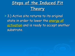 Steps of the Induced Fit Theory 3.) Active site returns to its original state in order to lower the  energy of activation  and is ready to accept another substrate. 