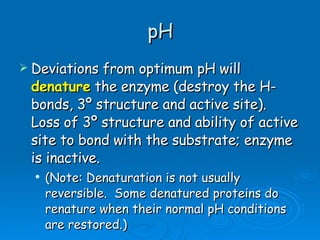 pH Deviations from optimum pH will  denature  the enzyme (destroy the H-bonds, 3º structure and active site).  Loss of 3º structure and ability of active site to bond with the substrate; enzyme is inactive.  (Note: Denaturation is not usually reversible.  Some denatured proteins do renature when their normal pH conditions are restored.) 