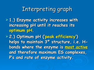 Interpreting graph 1.) Enzyme activity increases with increasing pH until it reaches its  optimum pH . 2.) Optimum pH (‘ peak efficiency ’) helps to maintain 3º structure, i.e. H-bonds where the enzyme is  most active  and therefore maximum ES complexes, P’s and rate of enzyme activity.  
