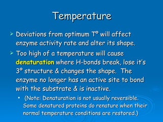 Temperature Deviations from optimum Tº will affect enzyme activity rate and alter its shape. Too high of a temperature will cause  denaturation  where H-bonds break, lose it’s 3º structure & changes the shape.  The enzyme no longer has an active site to bond with the substrate & is inactive.  (Note: Denaturation is not usually reversible.  Some denatured proteins do renature when their normal temperature conditions are restored.) 