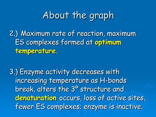 About the graph 2.)   Maximum rate of reaction, maximum ES complexes formed at  optimum temperature . 3.) Enzyme activity decreases with increasing temperature as H-bonds break, alters the 3º structure and  denaturation   occurs, loss of active sites, fewer ES complexes; enzyme is inactive. 