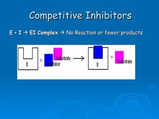 Competitive Inhibitors E  +  I      EI   Complex     No Reaction or fewer products 