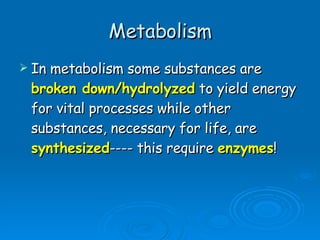 Metabolism In metabolism some substances are  broken down/hydrolyzed  to yield energy for vital processes while other substances, necessary for life, are  synthesized ---- this require  enzymes !  