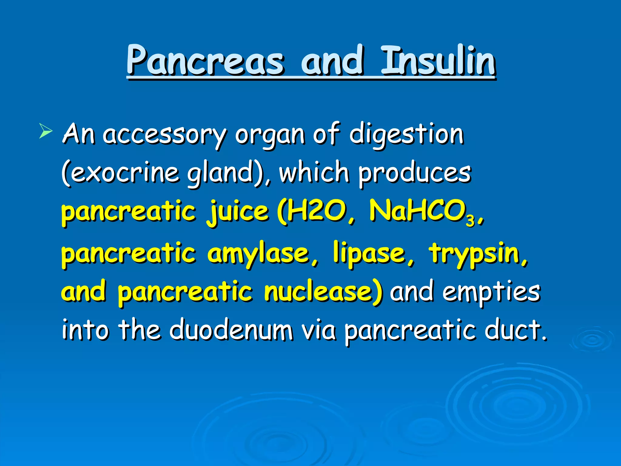 Pancreas and Insulin An accessory organ of digestion (exocrine gland), which produces  pancreatic juice   (H2O, NaHCO 3 , pancreatic amylase, lipase, trypsin, and pancreatic nuclease)  and empties into the duodenum via pancreatic duct. 