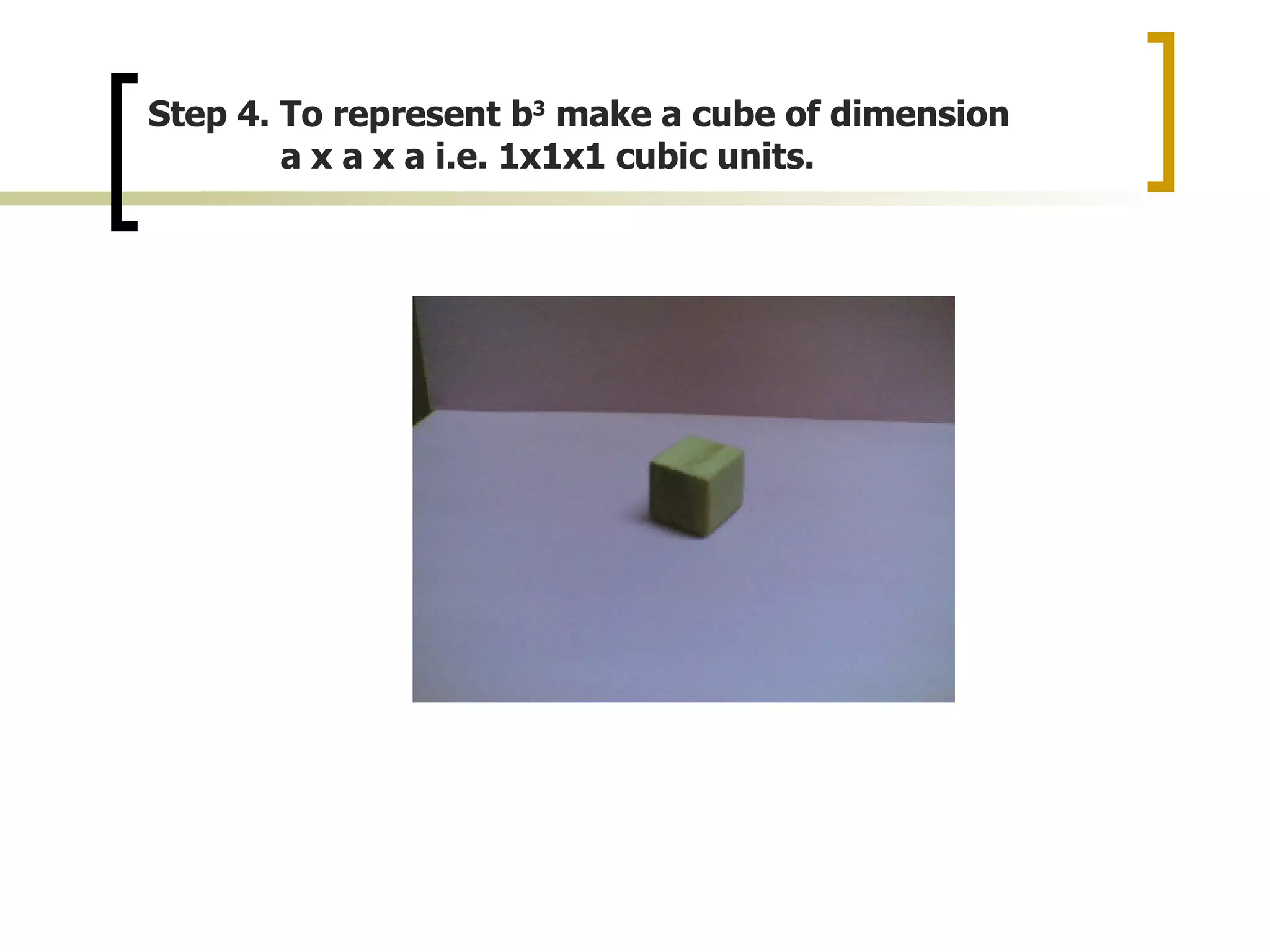 Step 4. To represent b 3 make a cube of dimension a x a x a i.e. 1x1x1 cubic units.