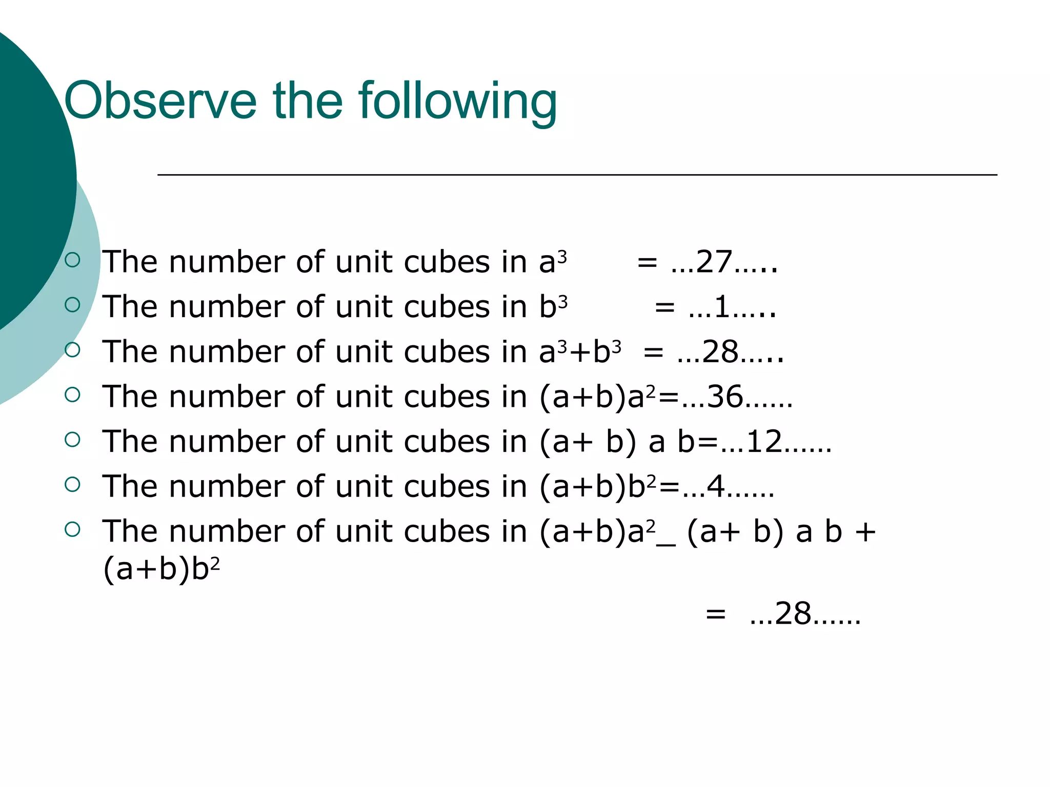 Observe the following The number of unit cubes in a 3  = …27….. The number of unit cubes in b 3   = …1….. The number of unit cubes in a 3 +b 3  = …28….. The number of unit cubes in (a+b)a 2 =…36…… The number of unit cubes in (a+ b) a b=…12…… The number of unit cubes in (a+b)b 2 =…4…… The number of unit cubes in (a+b)a 2 _ (a+ b) a b + (a+b)b 2   =  …28…… 