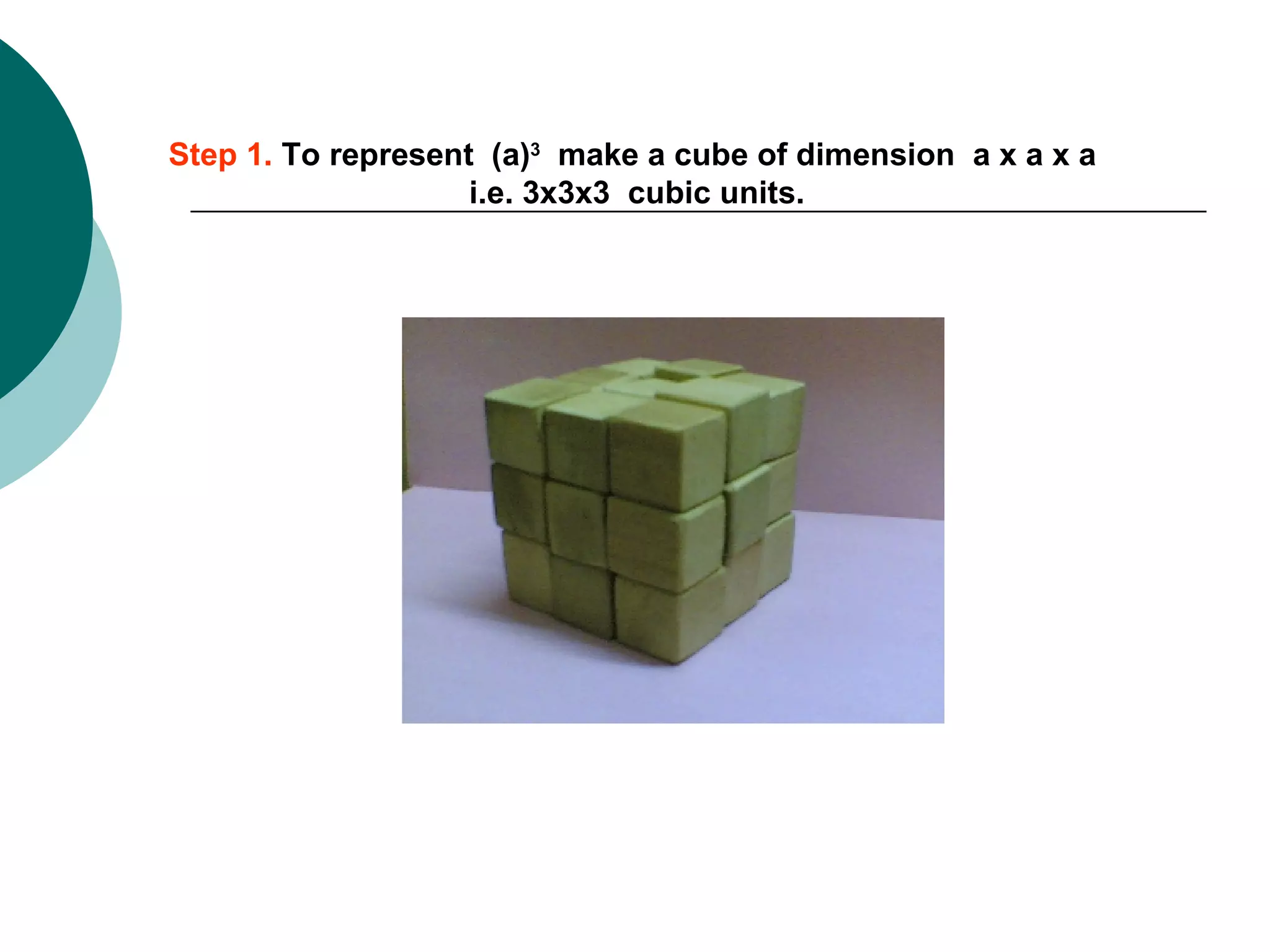 Step 1.  To represent  (a) 3   make a cube of dimension  a x a x a  i.e. 3x3x3  cubic units. 