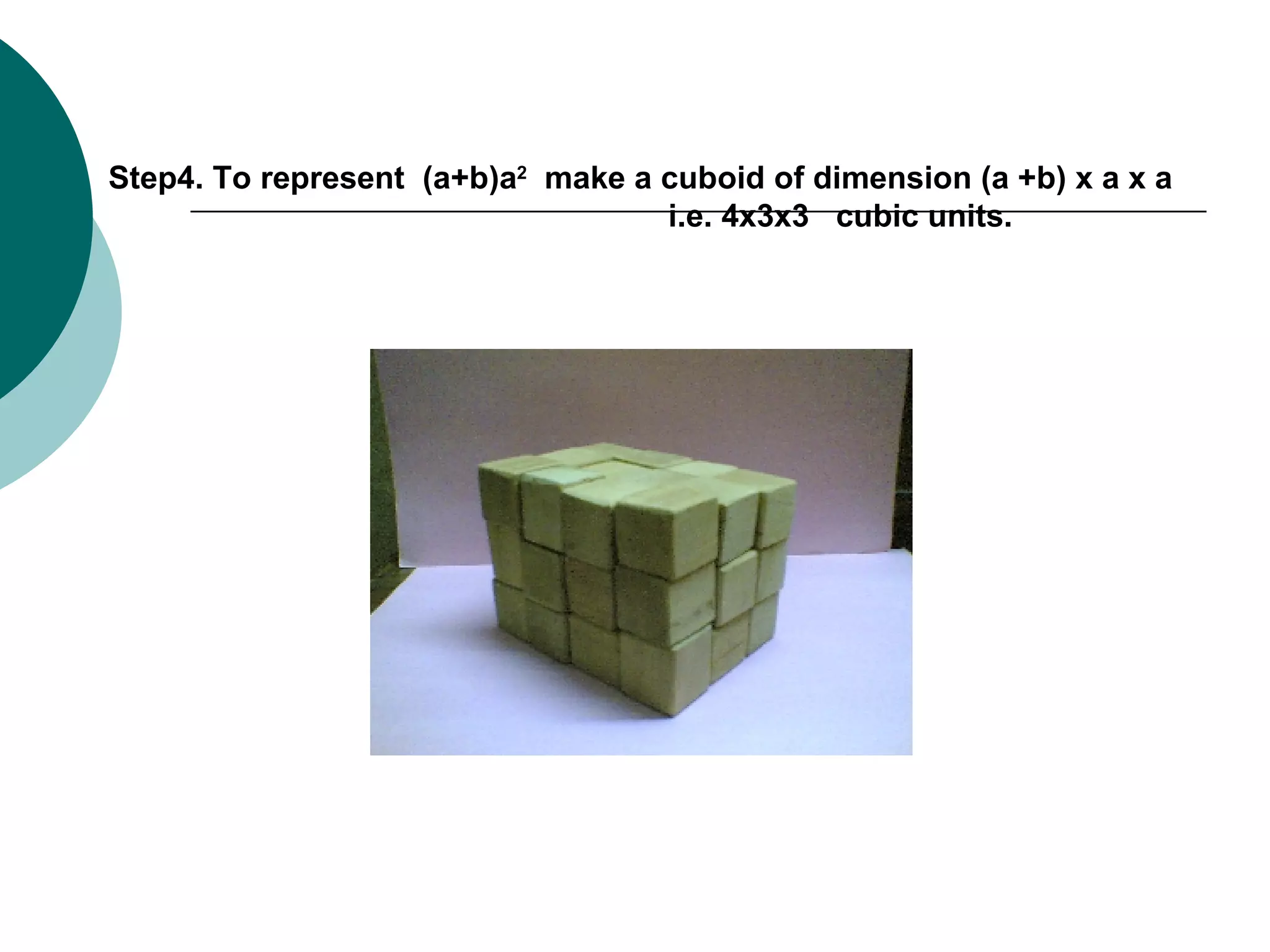 Step4. To represent  (a+b)a 2   make a cuboid of dimension (a +b) x a x a i.e. 4x3x3  cubic units. 