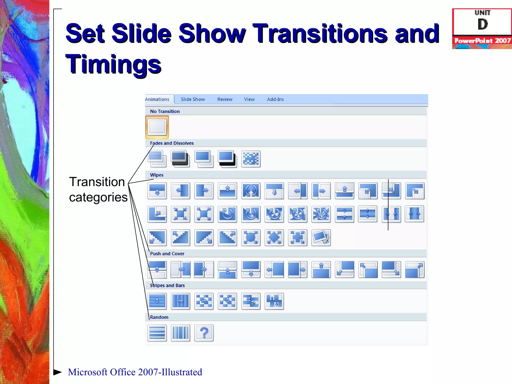Set Slide Show Transitions and Timings Microsoft Office 2007-Illustrated Transition categories 