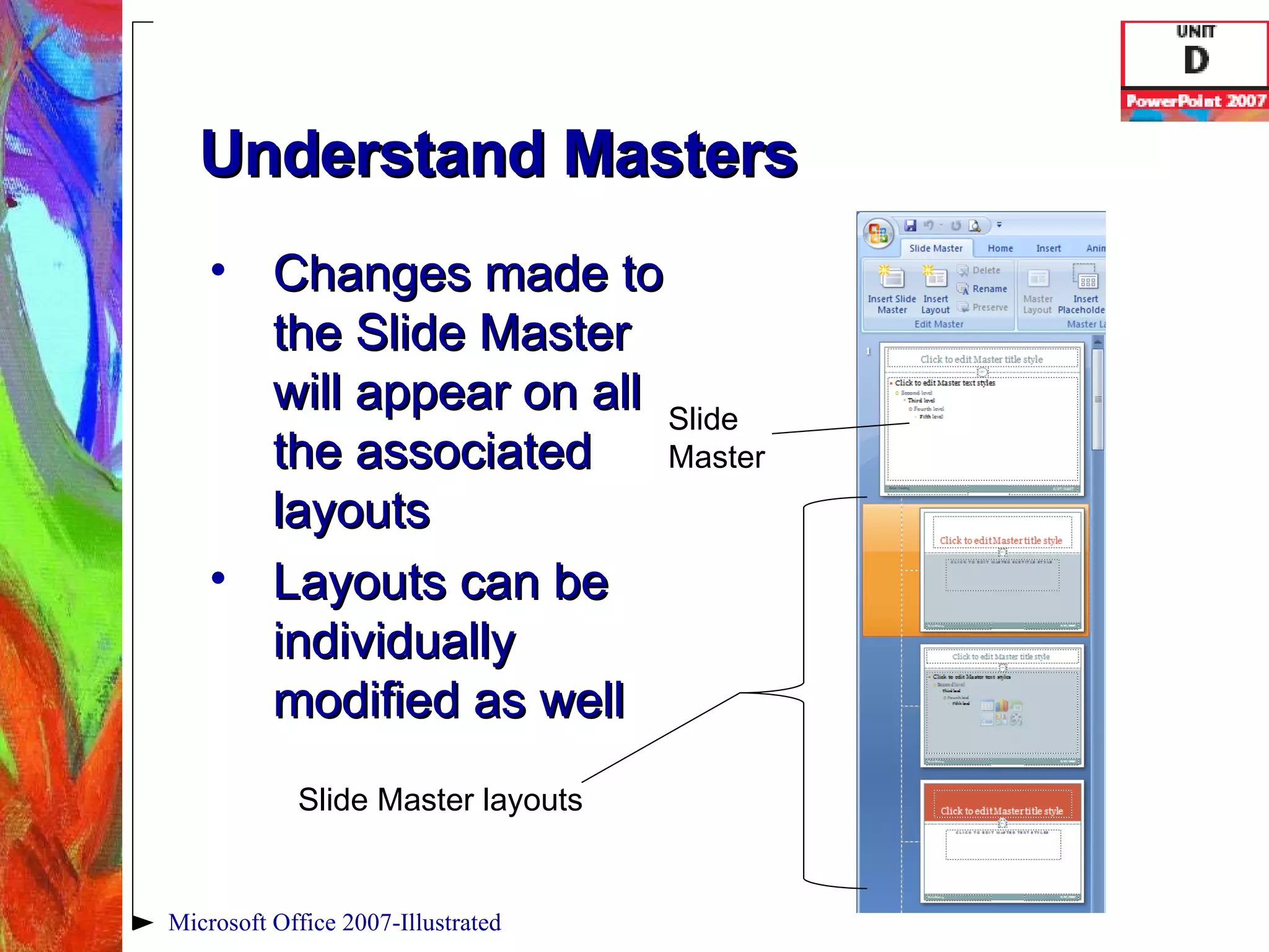 Understand Masters Changes made to the Slide Master will appear on all the associated layouts Layouts can be individually modified as well Microsoft Office 2007-Illustrated Slide Master layouts Slide  Master 