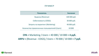П Р И М Е Р
Показатель Значение
Выручка	(Revenue) 100	000	руб.
Себестоимость	(COGS) 30	000	руб.
Затраты	на	маркетинг	(Marketing) 40	000	руб.
Количество	привлеченных	пользователей	(Users) 10	000
CPA	=	Marketing	/	Users	=	40	000	/	10	000	=	4	руб.	
ARPU	=	(Revenue	-	COGS)	/	Users	=	70	000	/	10	000	=	7	руб.
 