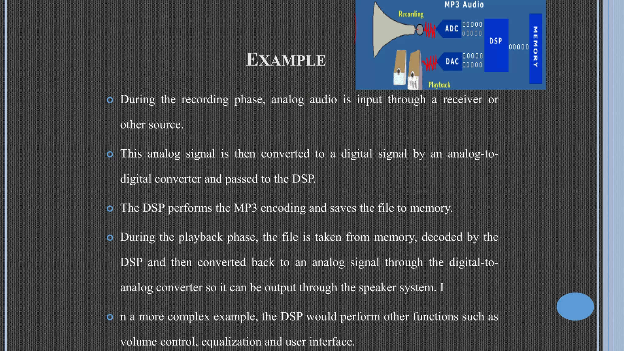 EXAMPLE  During the recording phase, analog audio is input through a receiver or other source.  This analog signal is then converted to a digital signal by an analog-to- digital converter and passed to the DSP.  The DSP performs the MP3 encoding and saves the file to memory.  During the playback phase, the file is taken from memory, decoded by the DSP and then converted back to an analog signal through the digital-to- analog converter so it can be output through the speaker system. I  n a more complex example, the DSP would perform other functions such as volume control, equalization and user interface. 