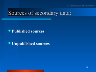 Dr.R.VARADHARAJAN, MBA DEPT, VELS UNIVERSITY




Sources of secondary data:

 Published   sources

 Unpublished   sources




                                                        24
 