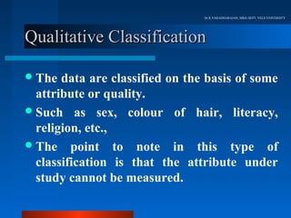 Dr.R.VARADHARAJAN, MBA DEPT, VELS UNIVERSITY




Qualitative Classification

 The  data are classified on the basis of some
  attribute or quality.
 Such as sex, colour of hair, literacy,
  religion, etc.,
 The point to note in this type of
  classification is that the attribute under
  study cannot be measured.
 