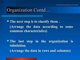 Dr.R.VARADHARAJAN, MBA DEPT, VELS UNIVERSITY




Organization Contd…

 Thenext step is to classify them .
 (Arrange the data according to some
 common characteristics)

 The last step in the organization is
 tabulation.
 (Arrange the data in rows and columns)
 