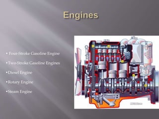 • Four-Stroke Gasoline Engine
•Two-Stroke Gasoline Engines
•Diesel Engine
•Rotary Engine
•Steam Engine
 