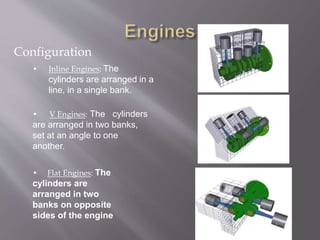 Configuration
• Inline Engines: The
cylinders are arranged in a
line, in a single bank.
• V Engines: The cylinders
are arranged in two banks,
set at an angle to one
another.
• Flat Engines: The
cylinders are
arranged in two
banks on opposite
sides of the engine
 