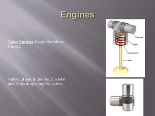 Valve Springs: Keeps the valves
Closed.
Valve Lifters: Rides the cam lobe
and helps in opening the valves.
 