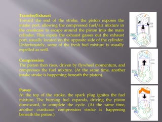 Transfer/Exhaust
Toward the end of the stroke, the piston exposes the
intake port, allowing the compressed fuel/air mixture in
the crankcase to escape around the piston into the main
cylinder. This expels the exhaust gasses out the exhaust
port, usually located on the opposite side of the cylinder.
Unfortunately, some of the fresh fuel mixture is usually
expelled as well.
Compression
The piston then rises, driven by flywheel momentum, and
compresses the fuel mixture. (At the same time, another
intake stroke is happening beneath the piston).
Power
At the top of the stroke, the spark plug ignites the fuel
mixture. The burning fuel expands, driving the piston
downward, to complete the cycle. (At the same time,
another crankcase compression stroke is happening
beneath the piston.)
 