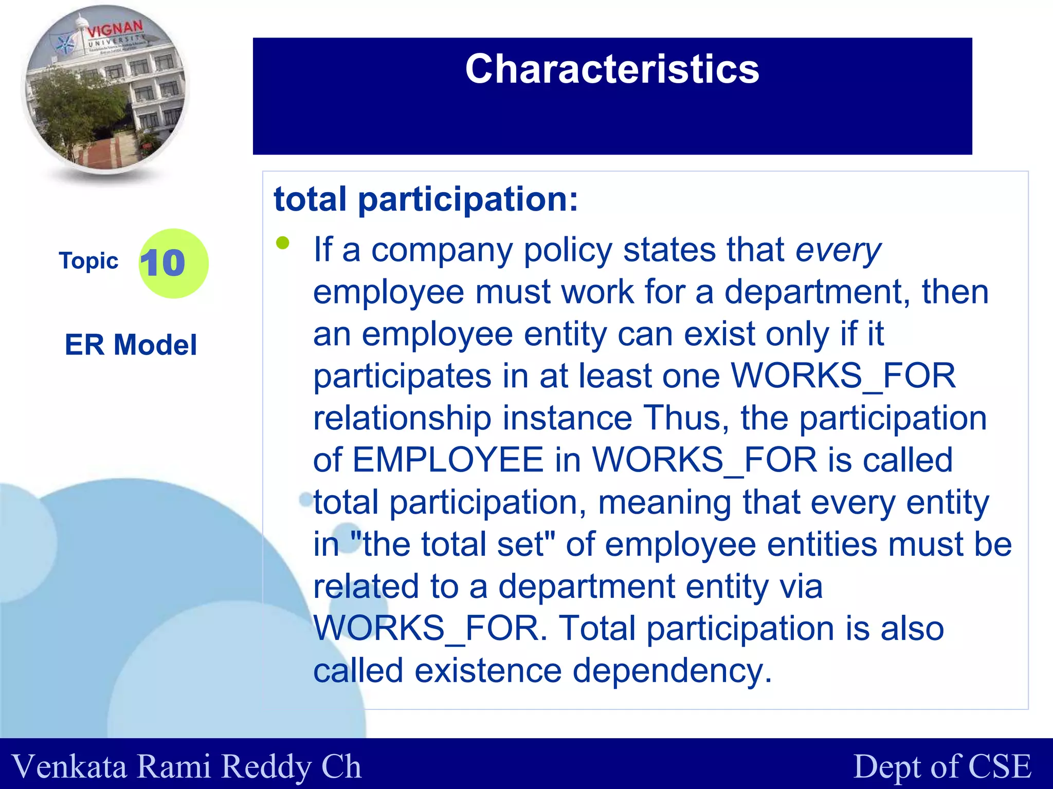 www.company.com
total participation:
• If a company policy states that every
employee must work for a department, then
an employee entity can exist only if it
participates in at least one WORKS_FOR
relationship instance Thus, the participation
of EMPLOYEE in WORKS_FOR is called
total participation, meaning that every entity
in "the total set" of employee entities must be
related to a department entity via
WORKS_FOR. Total participation is also
called existence dependency.
Topic
ER Model
10
Characteristics
Venkata Rami Reddy Ch Dept of CSE
 