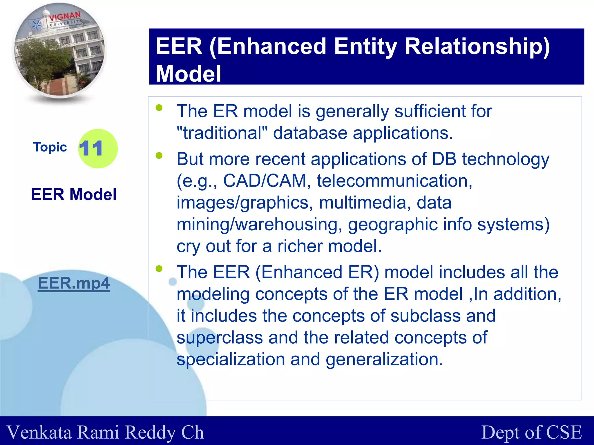 www.company.com
• The ER model is generally sufficient for
"traditional" database applications.
• But more recent applications of DB technology
(e.g., CAD/CAM, telecommunication,
images/graphics, multimedia, data
mining/warehousing, geographic info systems)
cry out for a richer model.
• The EER (Enhanced ER) model includes all the
modeling concepts of the ER model ,In addition,
it includes the concepts of subclass and
superclass and the related concepts of
specialization and generalization.
Topic
EER Model
EER.mp4
11
EER (Enhanced Entity Relationship)
Model
Venkata Rami Reddy Ch Dept of CSE
 