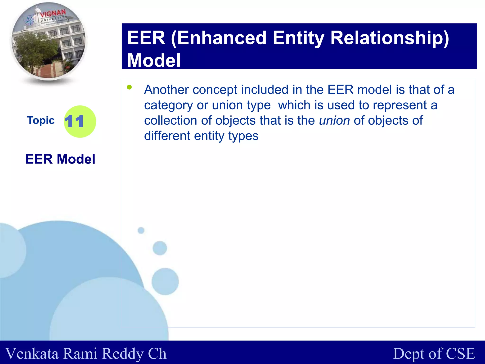www.company.com
• Another concept included in the EER model is that of a
category or union type which is used to represent a
collection of objects that is the union of objects of
different entity types
Topic
EER Model
11
EER (Enhanced Entity Relationship)
Model
Venkata Rami Reddy Ch Dept of CSE
 