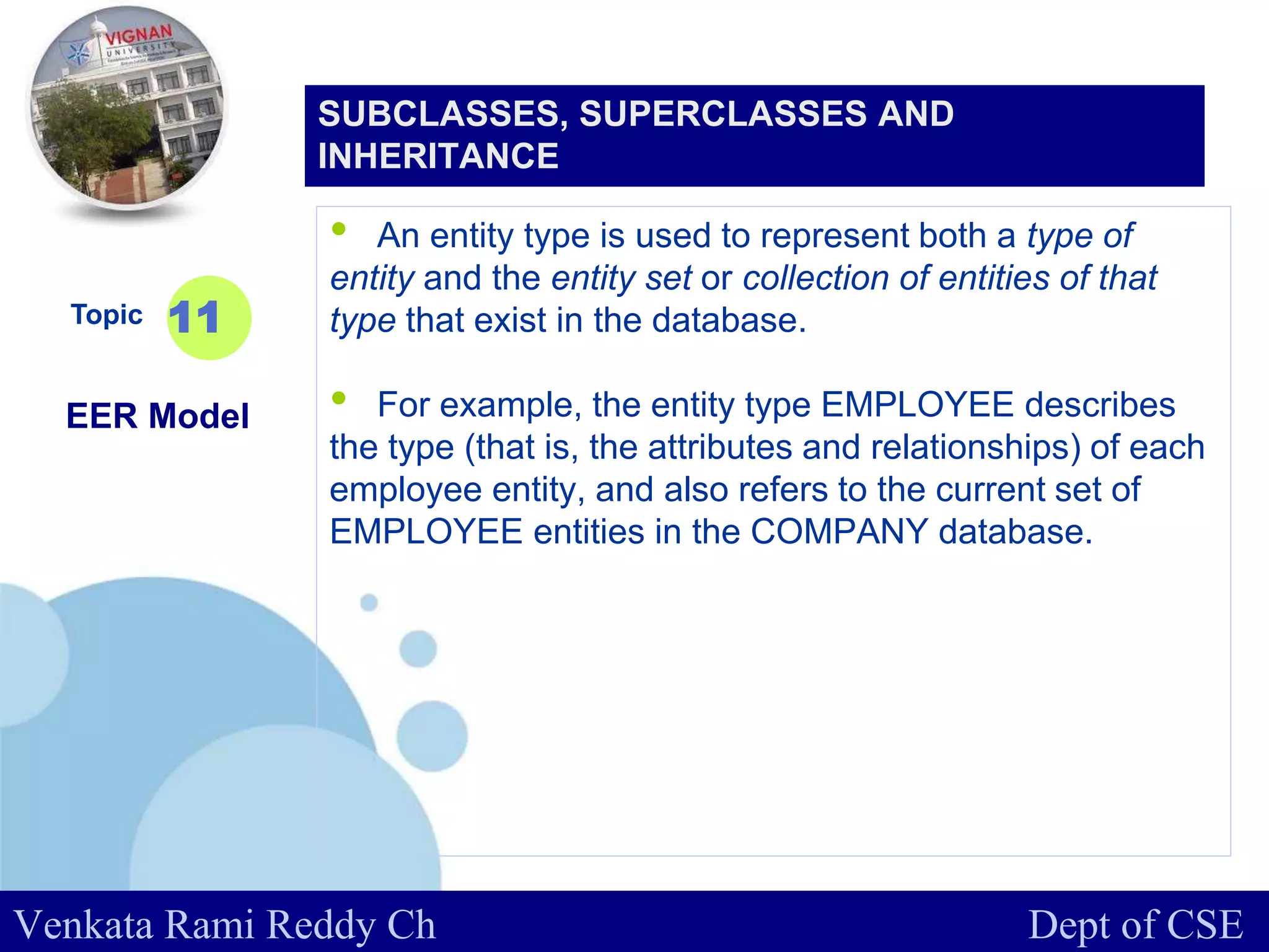 www.company.com
• An entity type is used to represent both a type of
entity and the entity set or collection of entities of that
type that exist in the database.
• For example, the entity type EMPLOYEE describes
the type (that is, the attributes and relationships) of each
employee entity, and also refers to the current set of
EMPLOYEE entities in the COMPANY database.
Topic
EER Model
11
SUBCLASSES, SUPERCLASSES AND
INHERITANCE
Venkata Rami Reddy Ch Dept of CSE
 