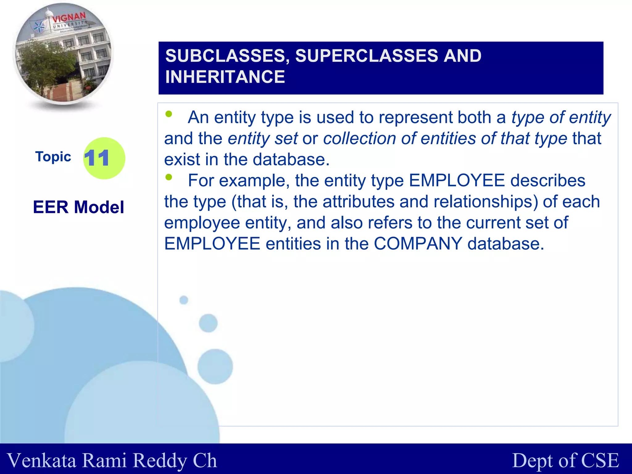 www.company.com
• An entity type is used to represent both a type of entity
and the entity set or collection of entities of that type that
exist in the database.
• For example, the entity type EMPLOYEE describes
the type (that is, the attributes and relationships) of each
employee entity, and also refers to the current set of
EMPLOYEE entities in the COMPANY database.
Topic
EER Model
11
SUBCLASSES, SUPERCLASSES AND
INHERITANCE
Venkata Rami Reddy Ch Dept of CSE
 